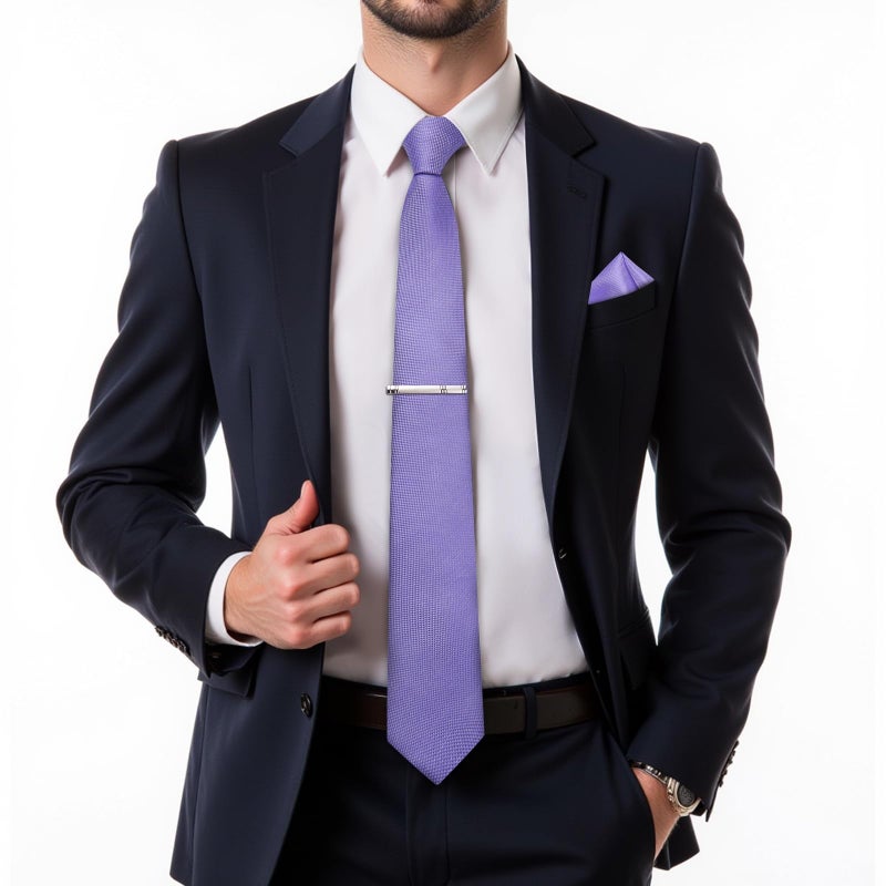 DiBanGu Mens Silk Necktie Solid Color Tie and Pocket Square Cufflink Tie Clip Set Woven Plain Ties for Men Wedding Party, Lavender Purple - Image 2